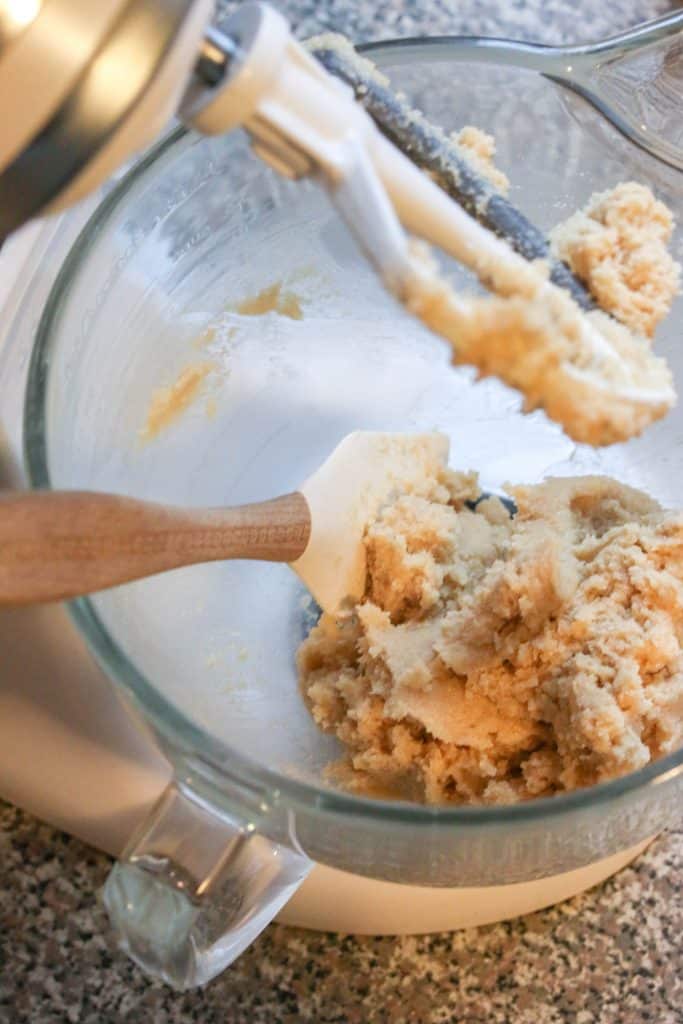 spatula in a bowl with cookie dough mixture