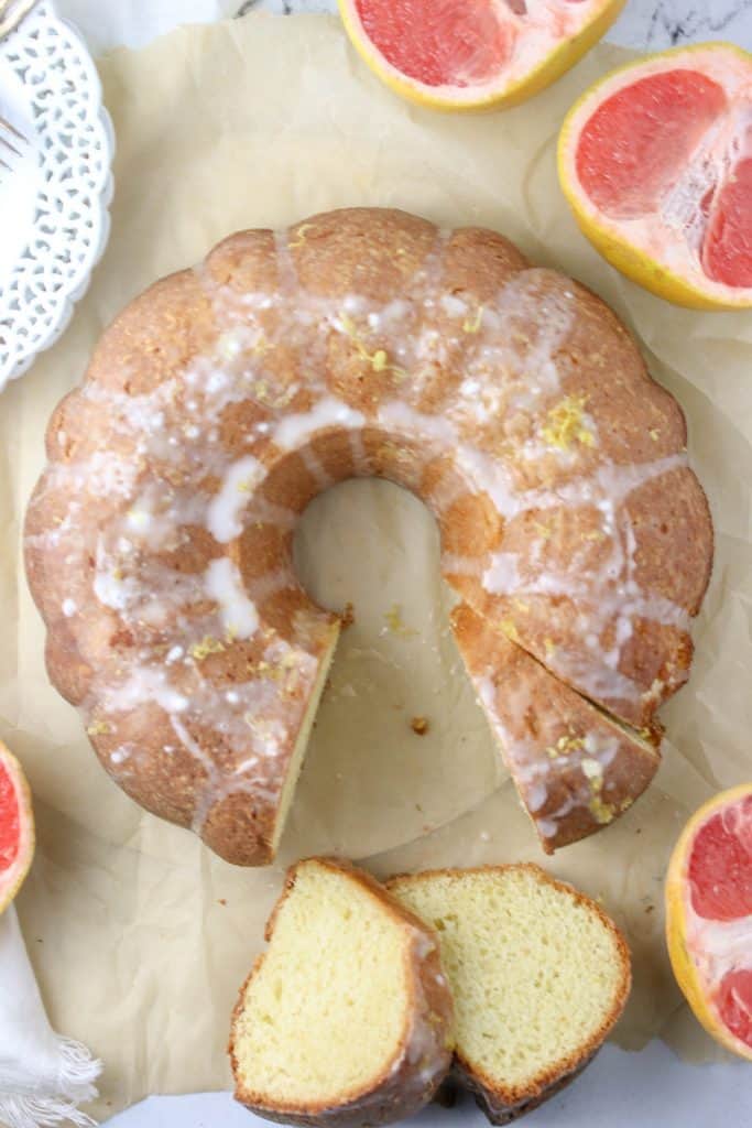 grapefruit pound cake with two slices cut from it