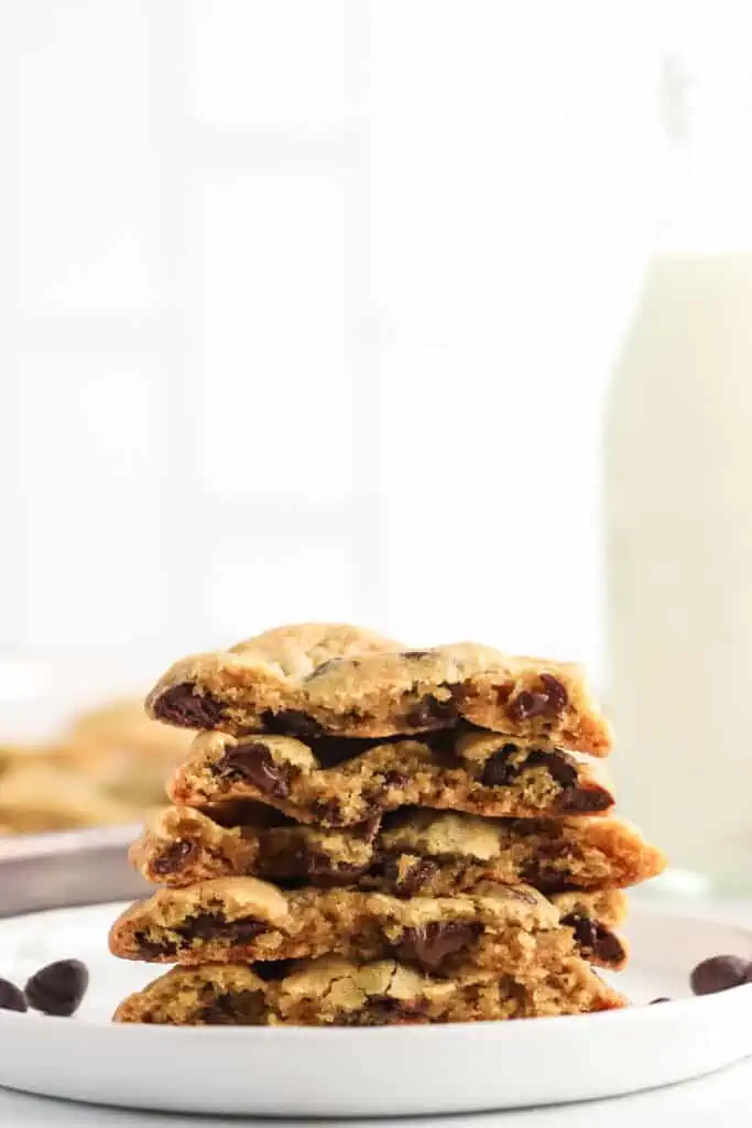 stack of brown sugar chocolate chip cookies cut in half