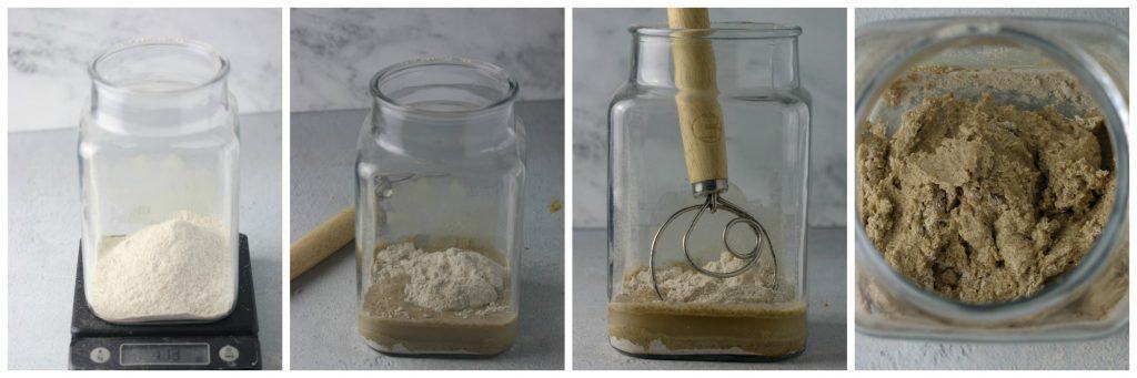four picture collage of flour and water mixed together