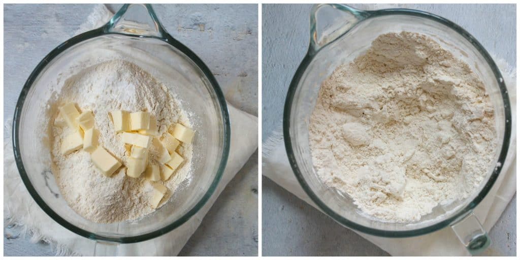 butter added to dry ingredients in mixing bowl