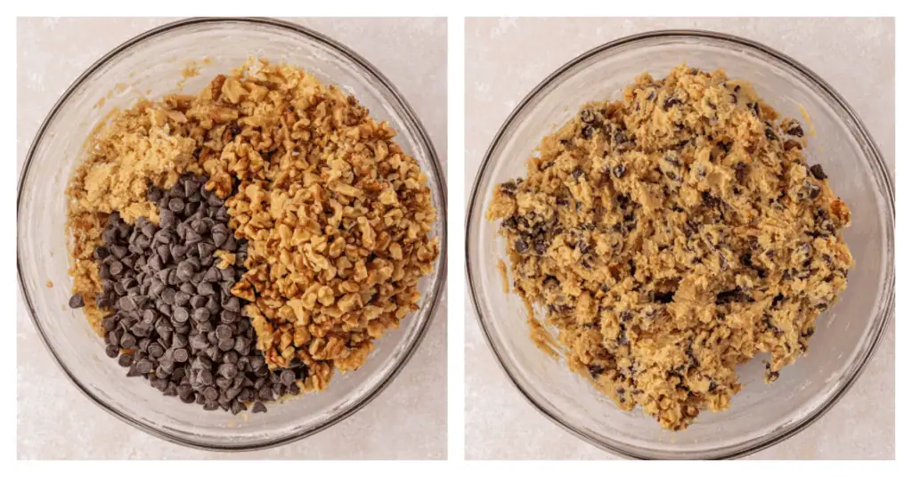 chocolate chips and walnuts added to cookie dough