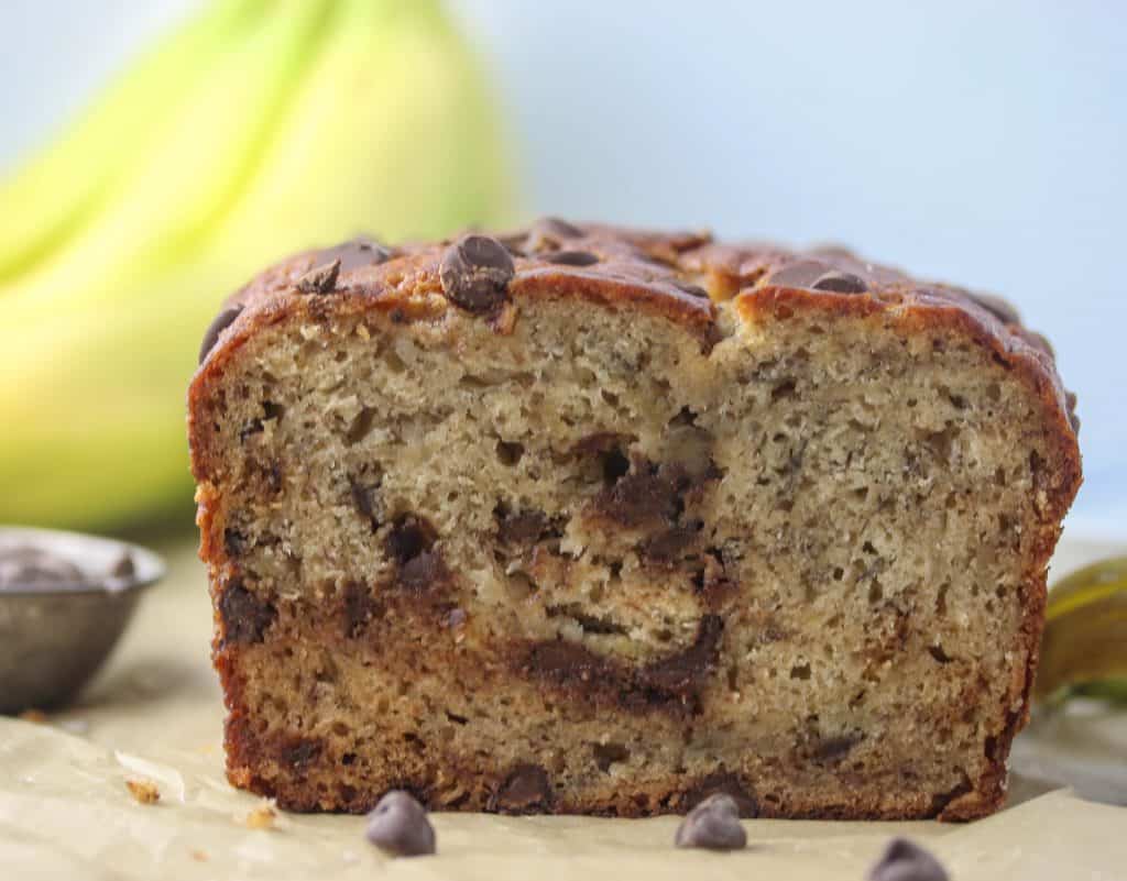 loaf of chocolate chip banana bread cut in half