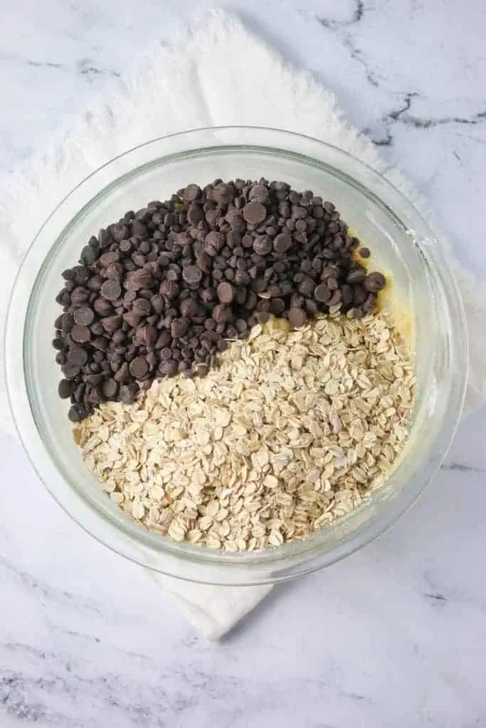 mixing bowl with oats and chocolate chips