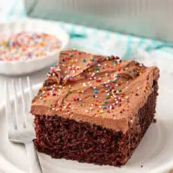 slice of chocolate wacky cake on a plate with a fork