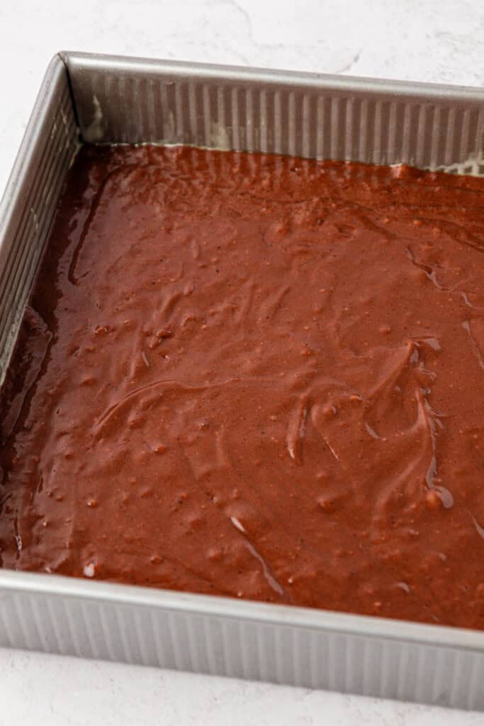 unbaked wacky cake in a cake pan