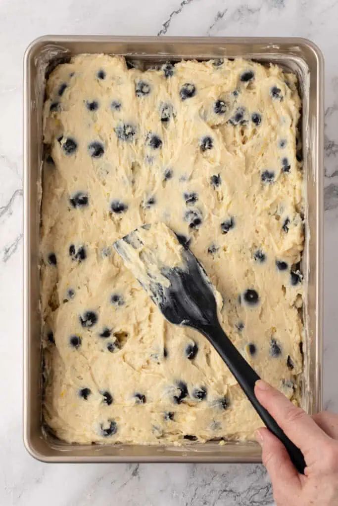 blueberry cake batter spread into the pan