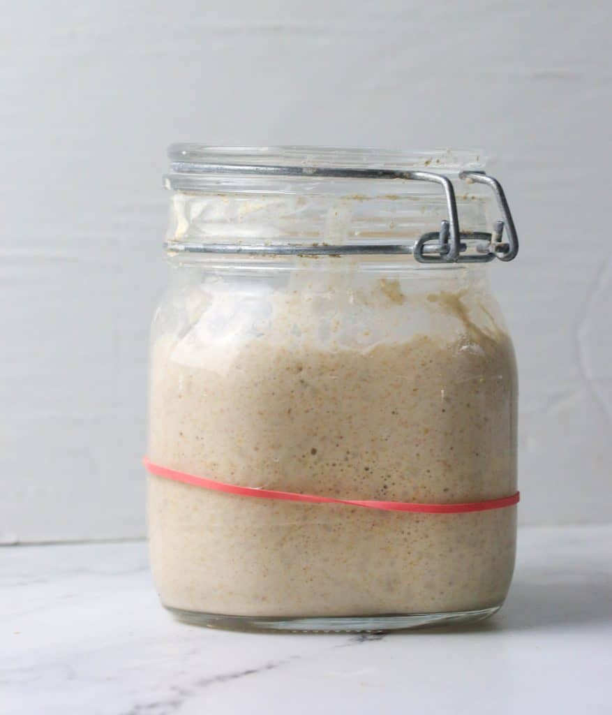 sourdough starter in a jar with a rubberand around it