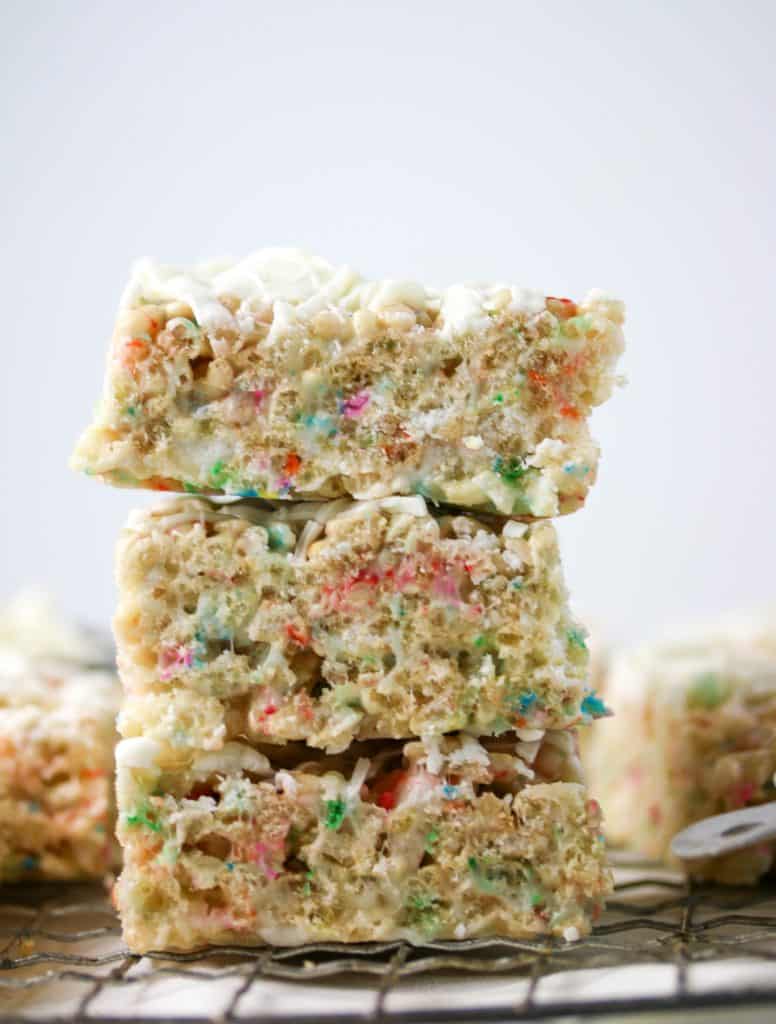 three white chocolate rice krispie treats stacked on top of each other