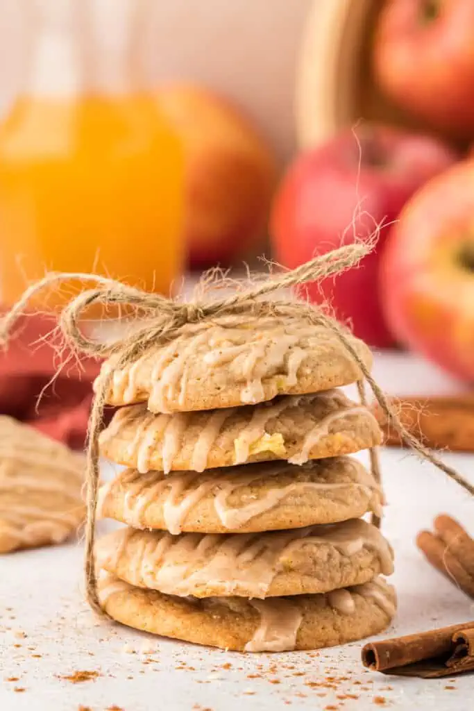 stack of apple cider cookies wrapped in twine