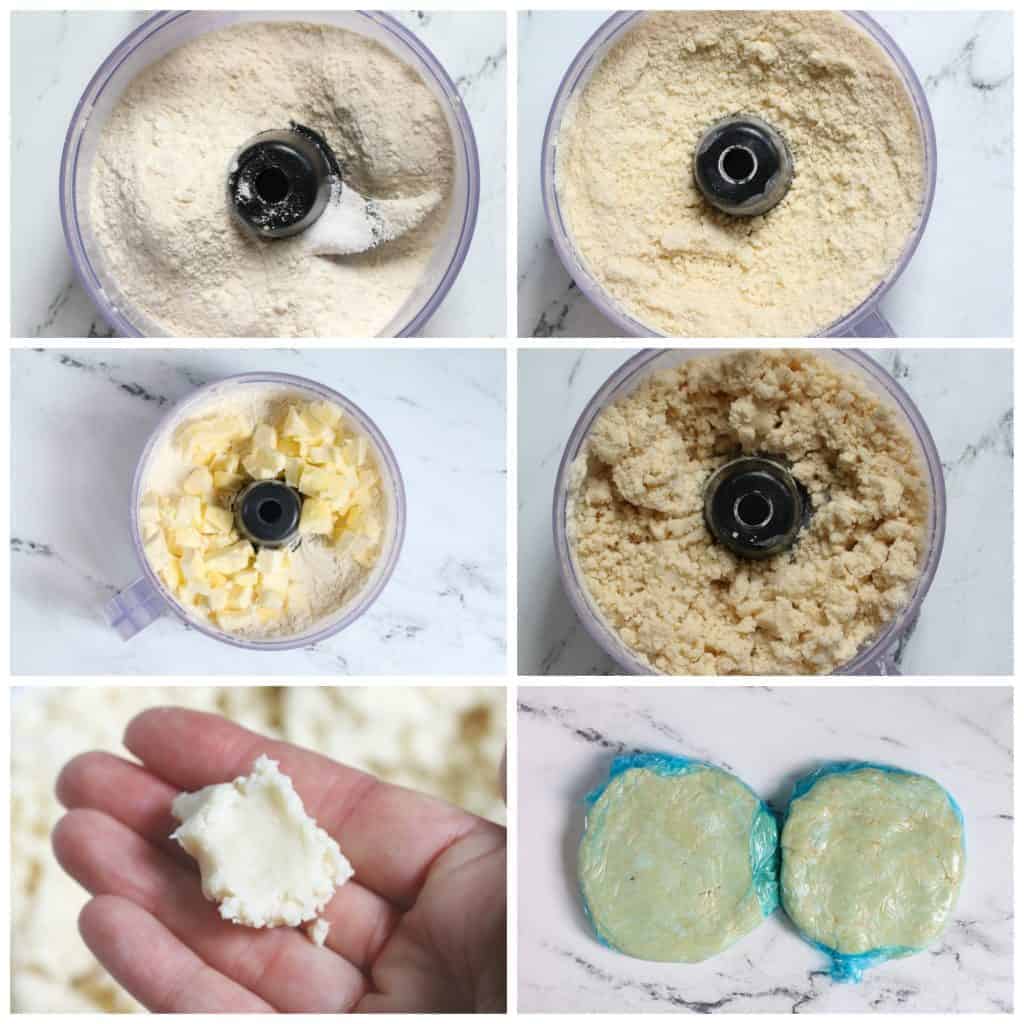 step by step photo collage of making pie crust