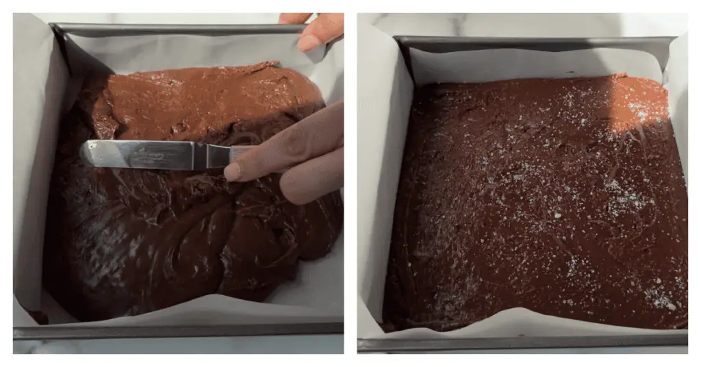 nutella fudge spread into a pan and topped with sea salt