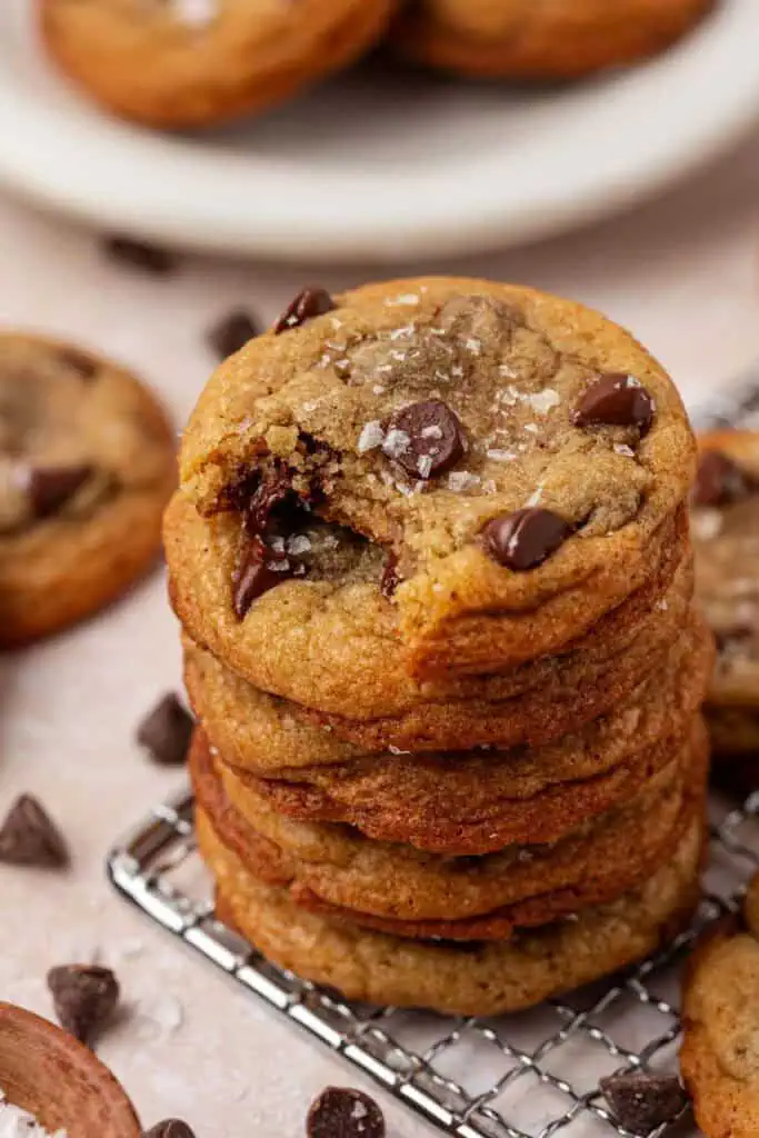 a stack of browned butter chocolate chip cookies