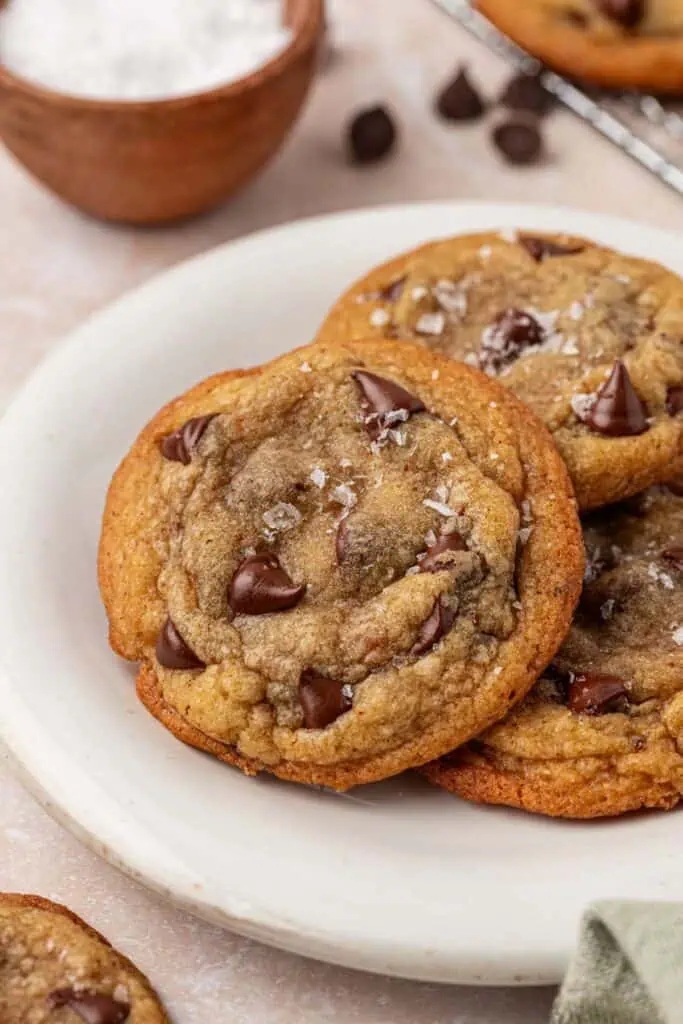 brown butter chocolate chip cookies on a plate