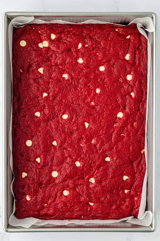 baked red velvet bars in the pan