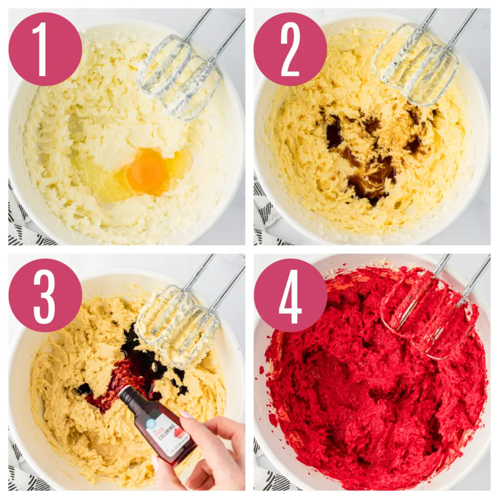 four step by step photos of adding eggs, vanilla, and red food coloring to red velvet bar dough