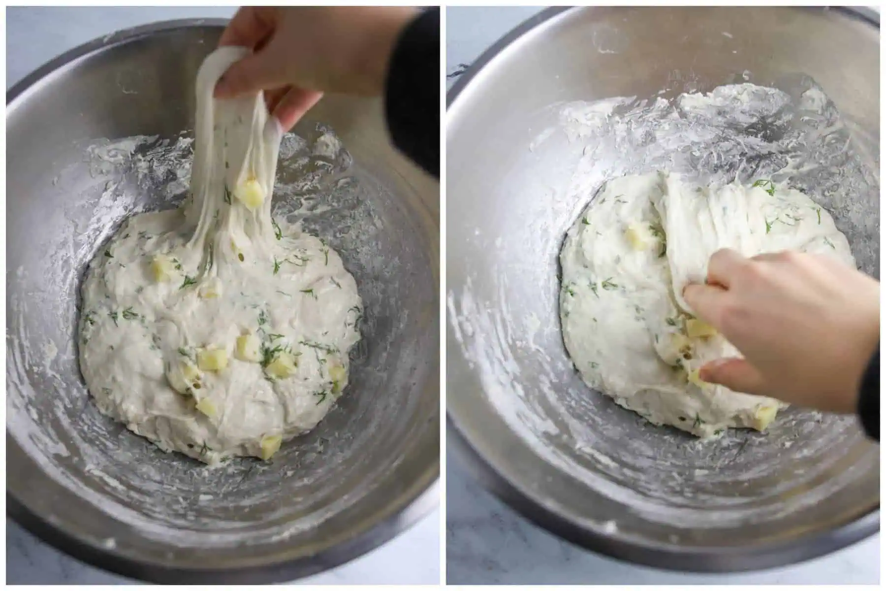 sourdough cheddar bread being stretched and folded