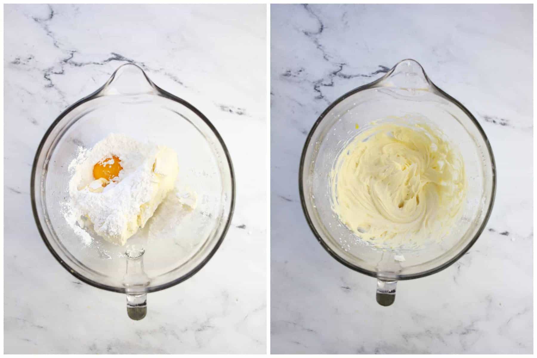 two step by step photos of making cream cheese filling
