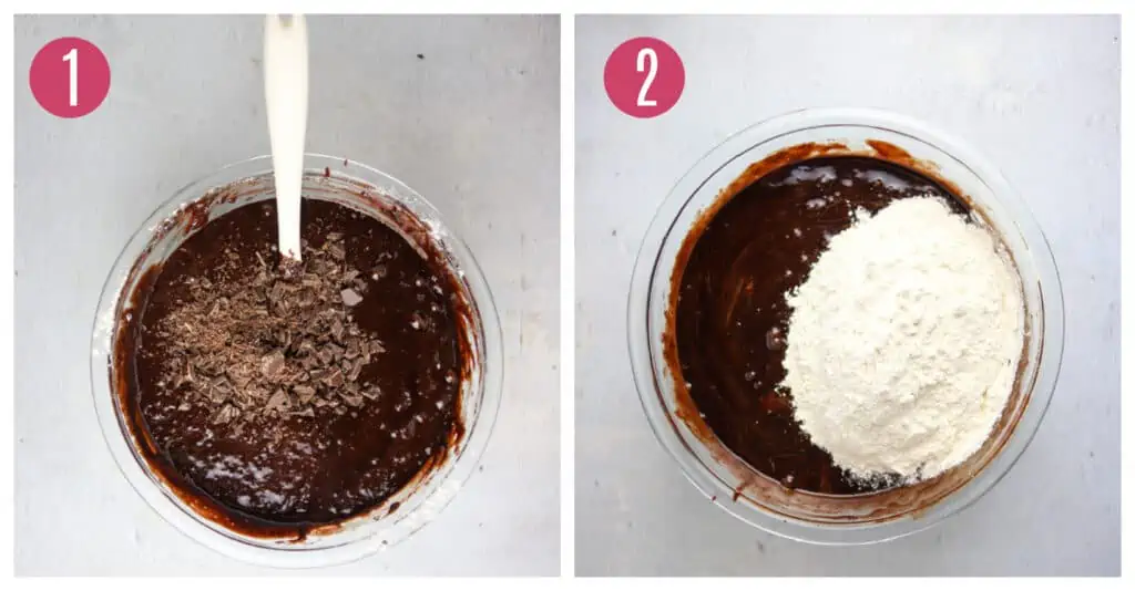 bowl of chocolate cake batter being mixed together