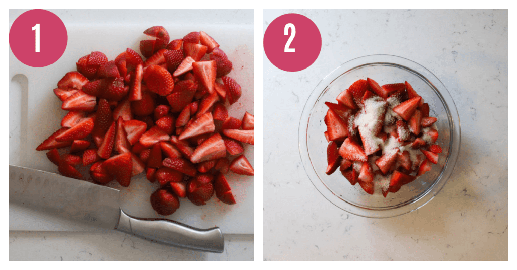 quartered strawberries in a bowl with sugar