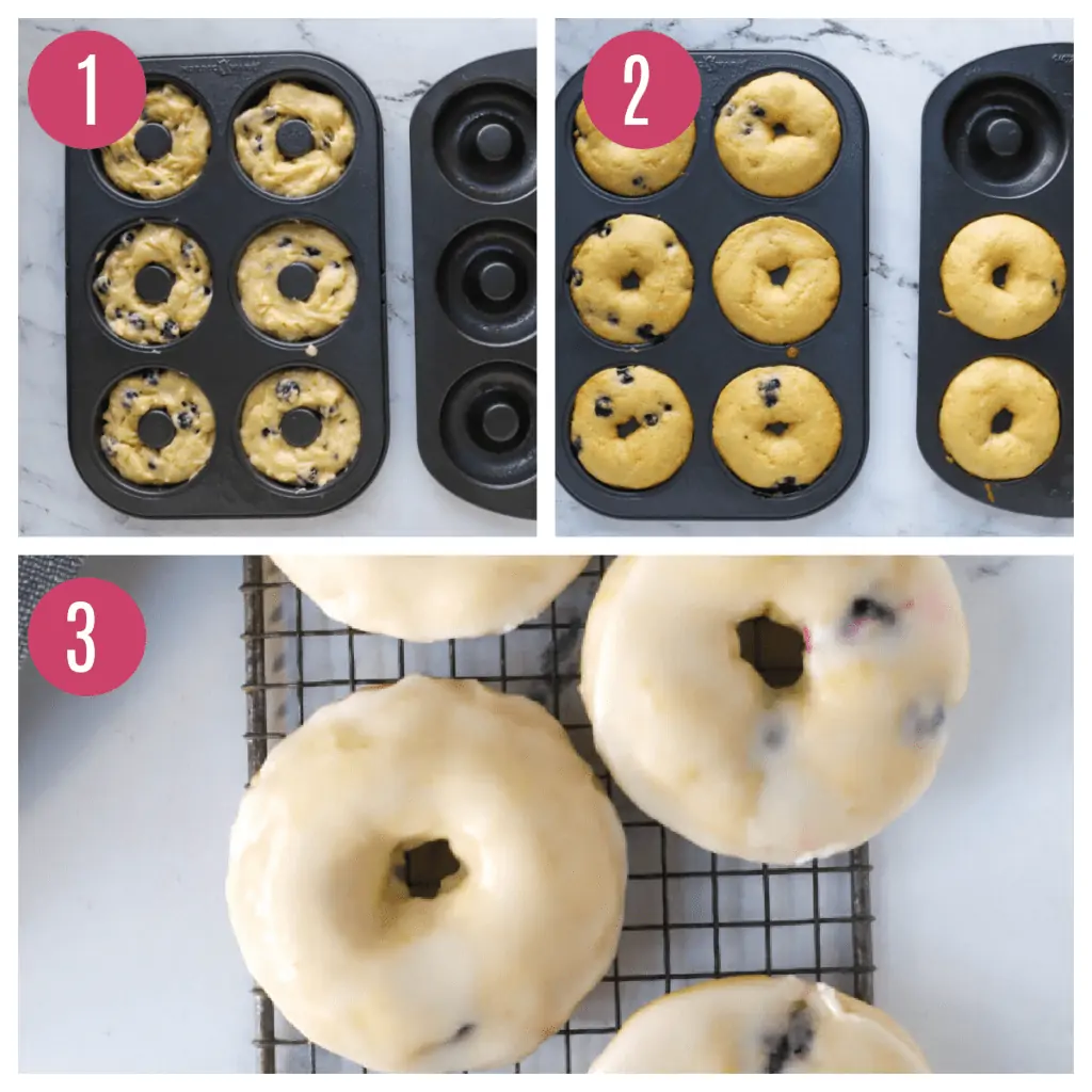 three images of donuts unbaked, baked, and dipped in glaze