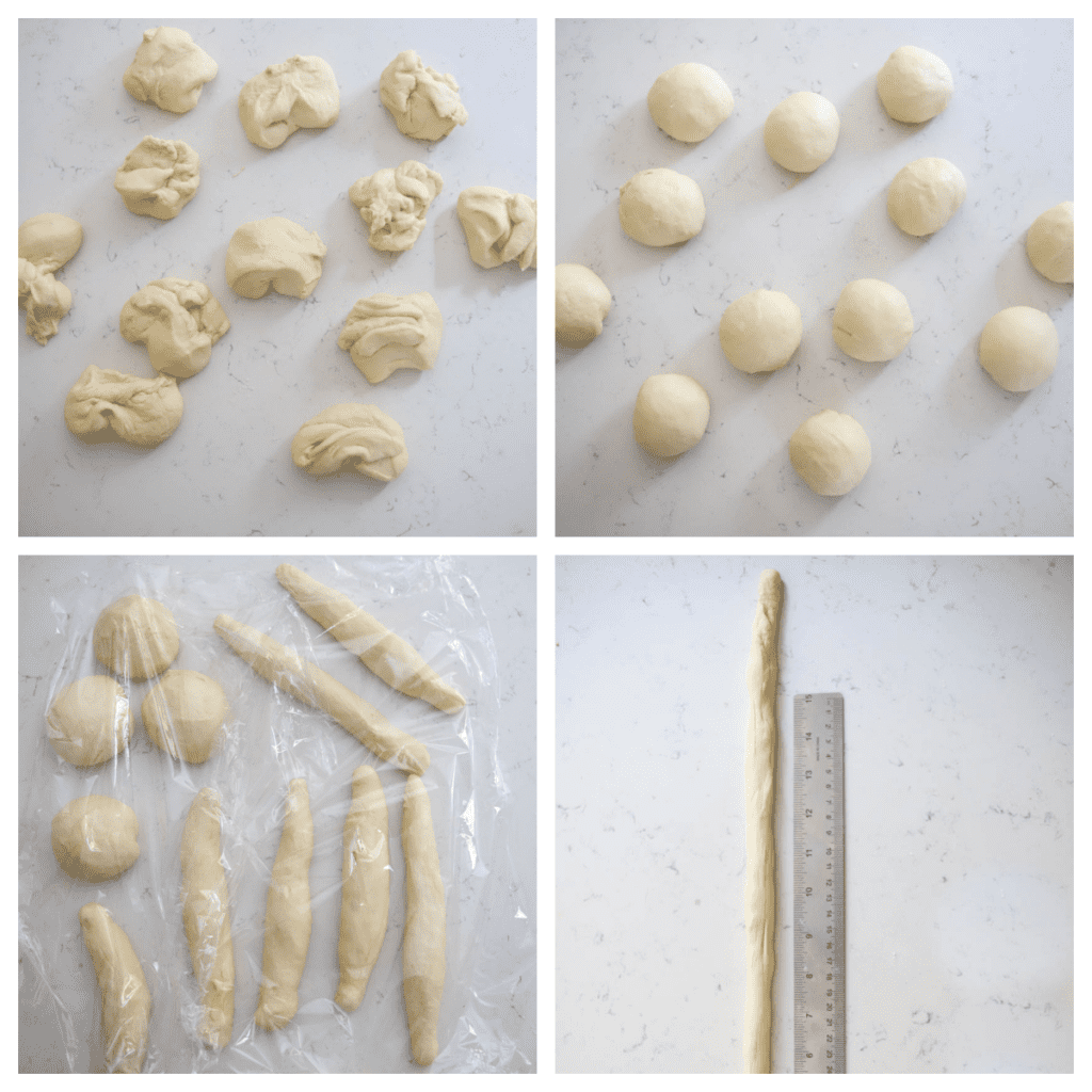 pretzel dough being cut into portions, shaped into a round, and rolled out to a long rope