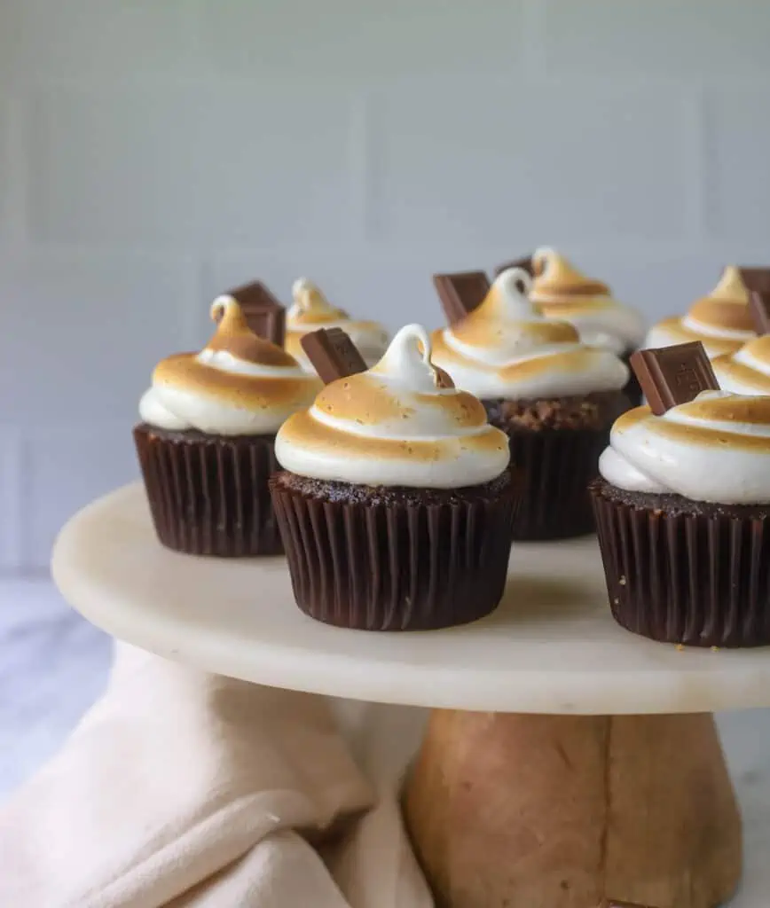 s'mores cupcakes on a cake stand