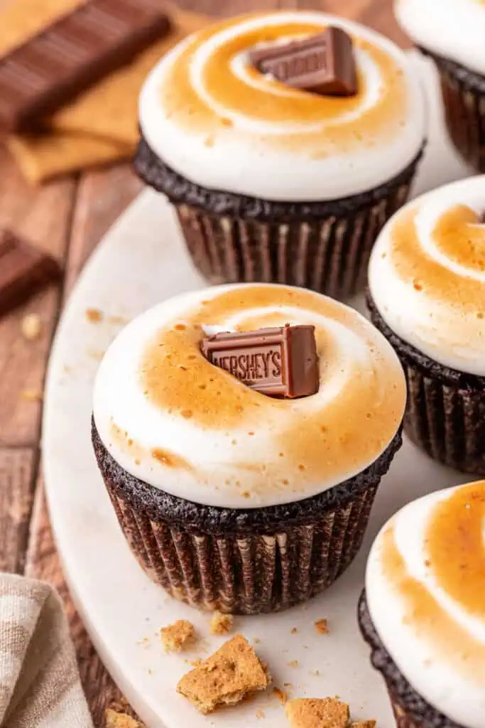 smores cupcake on a cake platter