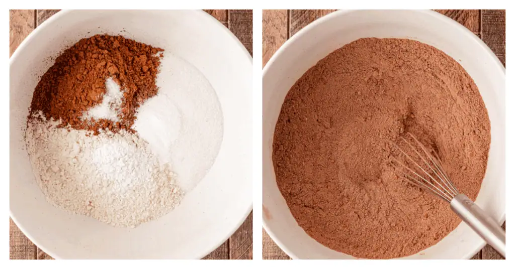 chocolate cupcake dry mixture whisked together in a bowl