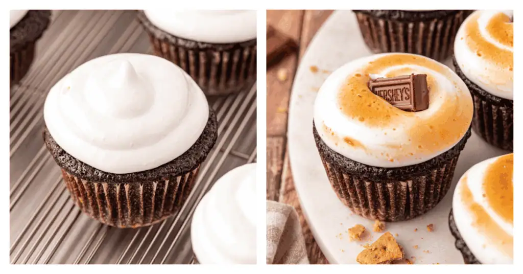 chocolate cupcake topped with marshmallow frosting and torched