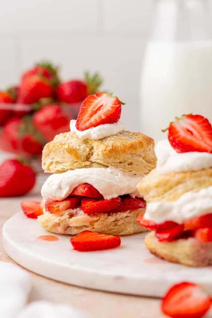 strawberry shortcake on a white platter