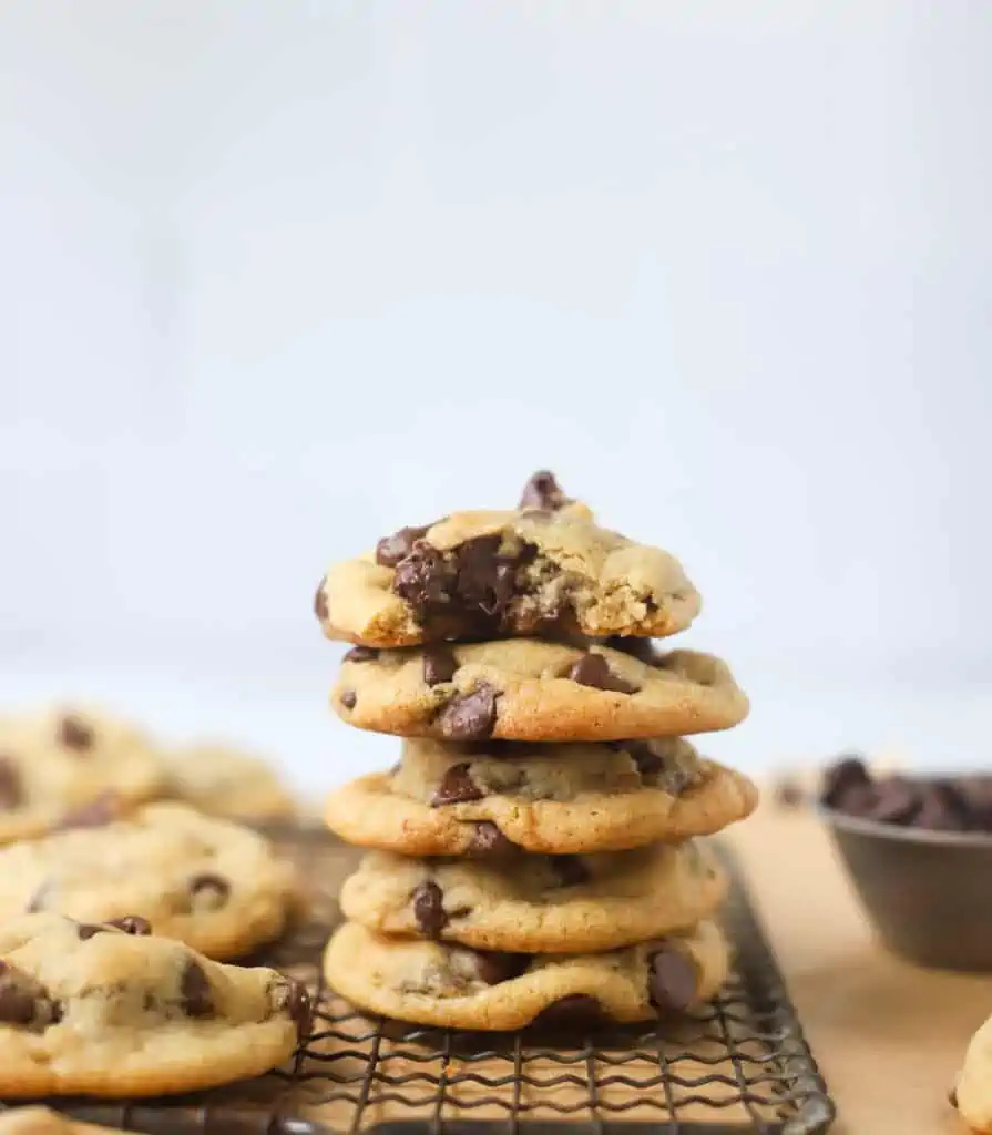 stack of eggless chocolate chip cookies