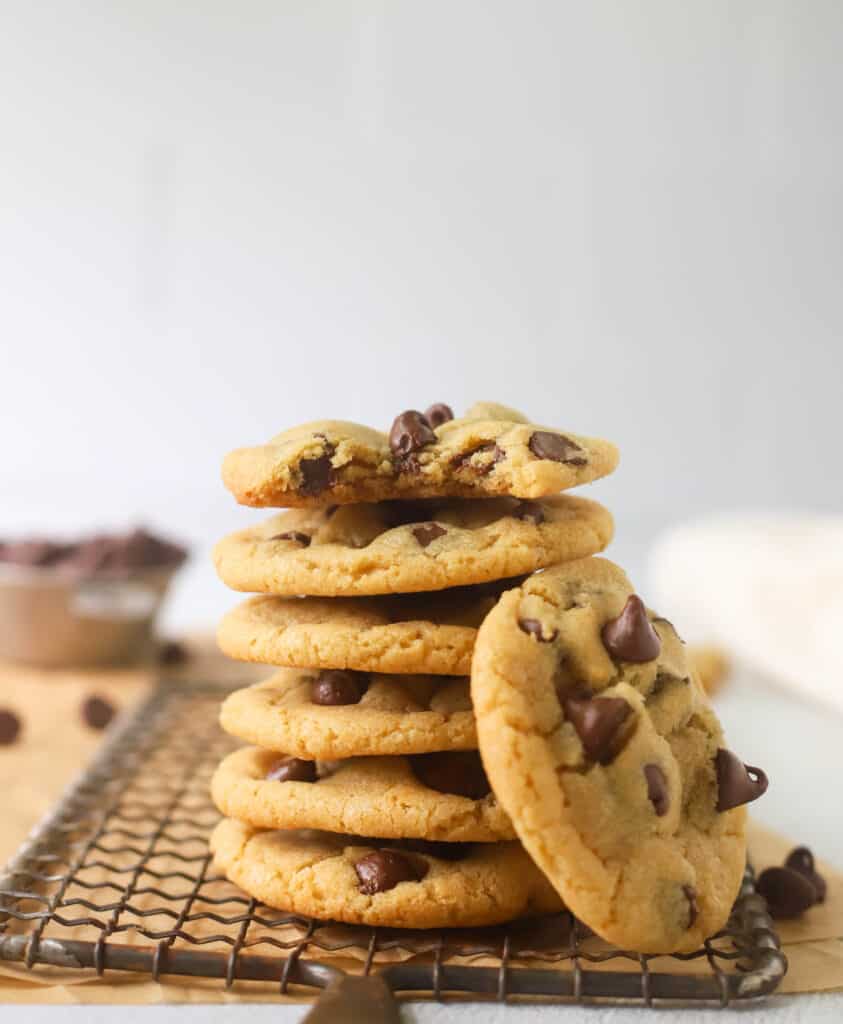 stack of small batch chocolate chip cookies