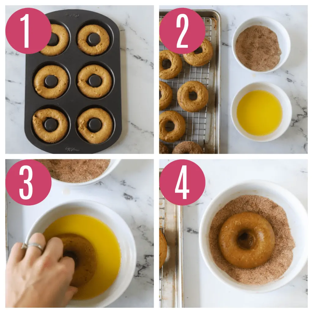 step by step photos of baking and coating pumpkin donuts in cinnamon sugar