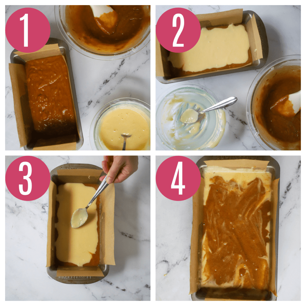 step by step photos of assembling the cream cheese filled pumpkin bread
