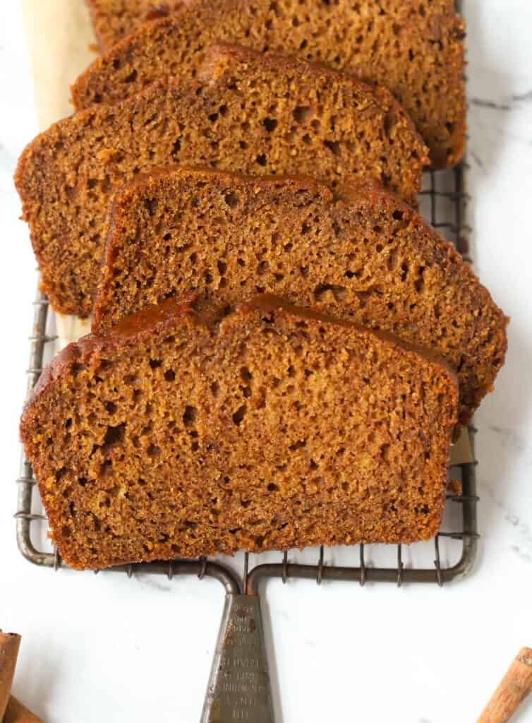 slices of pumpkin bread on a wire rack