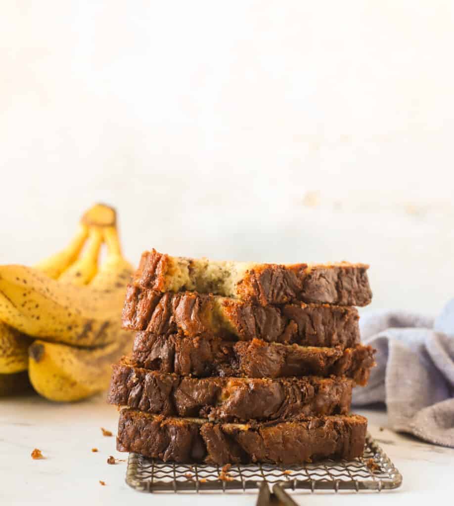 slices of nutella banana bread stacked on top of each other 