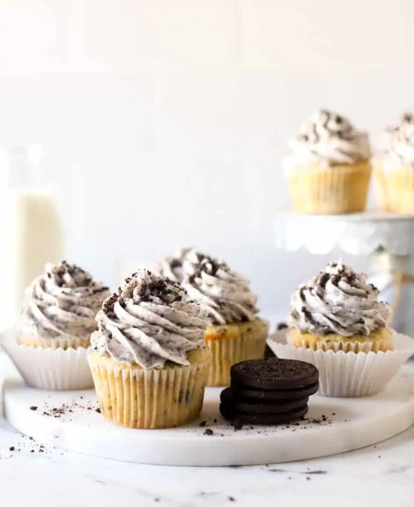 oreo cupcakes on a white platter