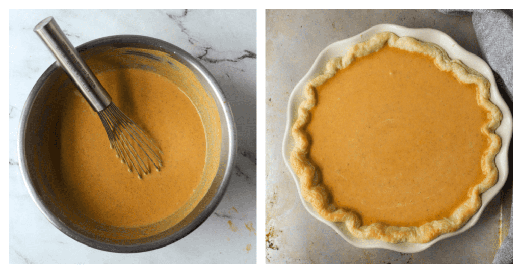 two photos side by side of pumpkin filling in a bowl and then in a pie crust