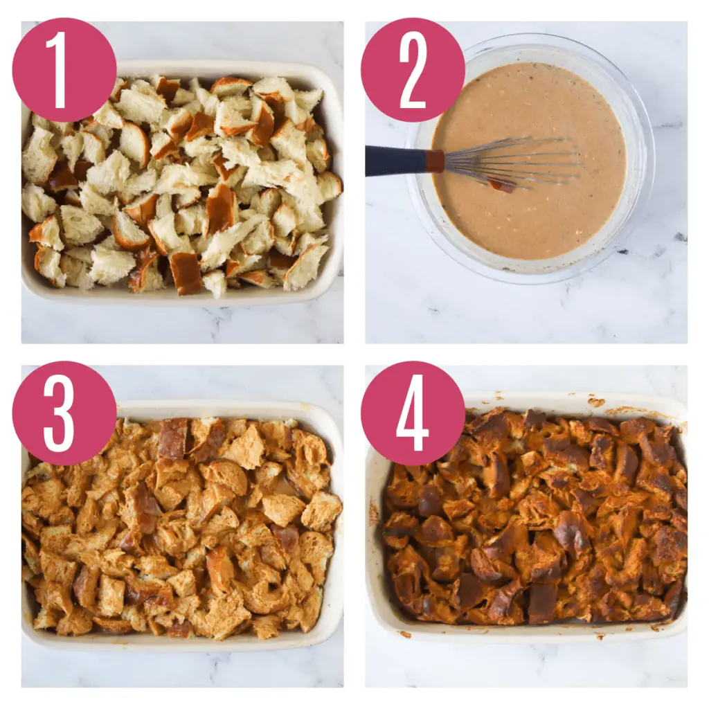 step by step photos of assembling pumpkin bread pudding