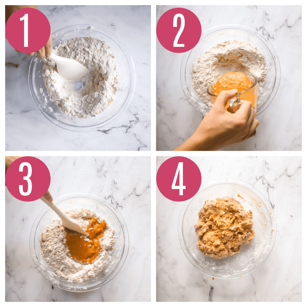 step by step photos of mixing together pumpkin scone dough