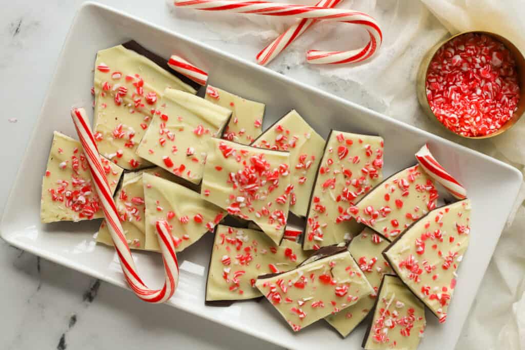 a plate of white chocolate peppermint bark