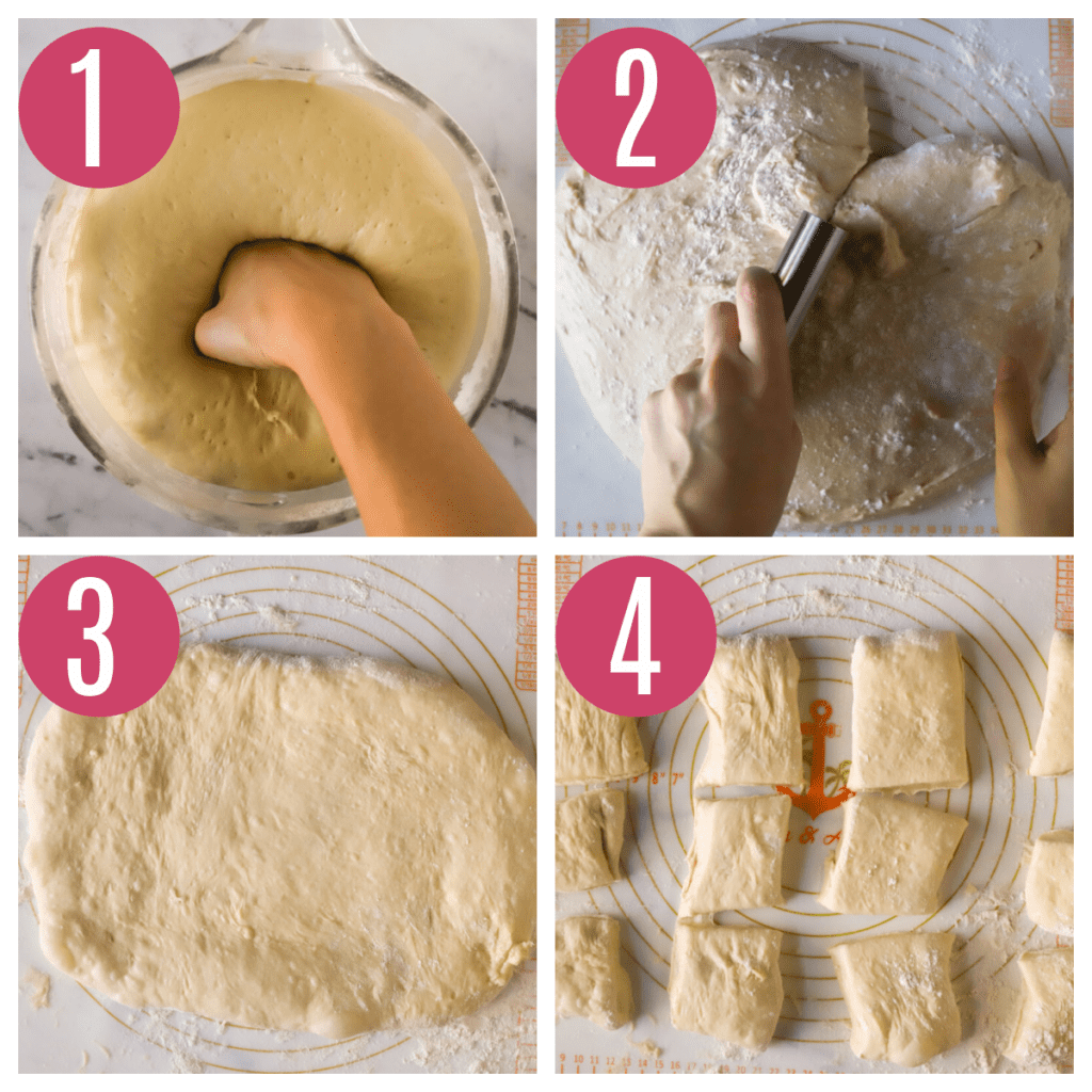 dinner roll dough being punched down and divided into 12 equal pieces