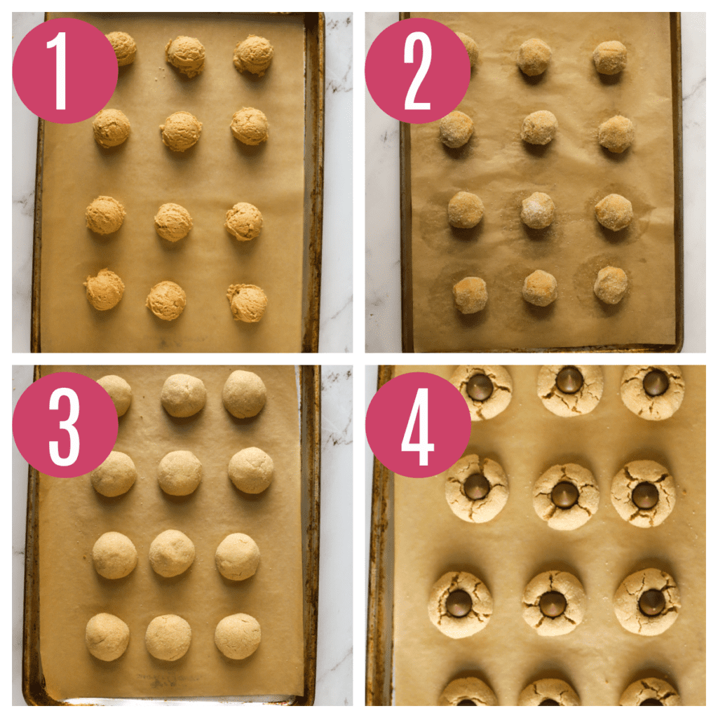 step by step photos of baking peanut butter blossom cookies