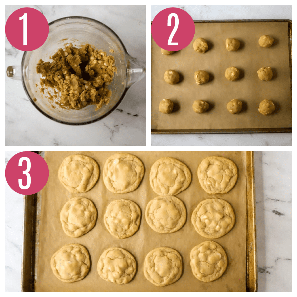 step by step photos of scooping and baking white chocolate chip cookies