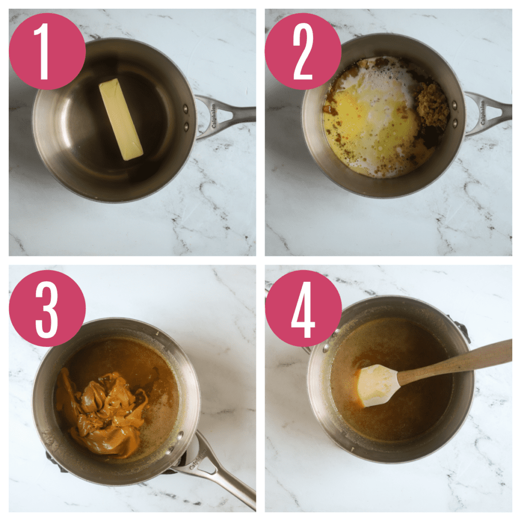 step by step photos of making peanut butter fudge mixture on stovetop