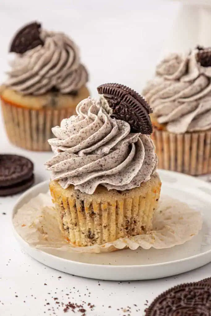 whole Oreo cupcake with the liner peeled away