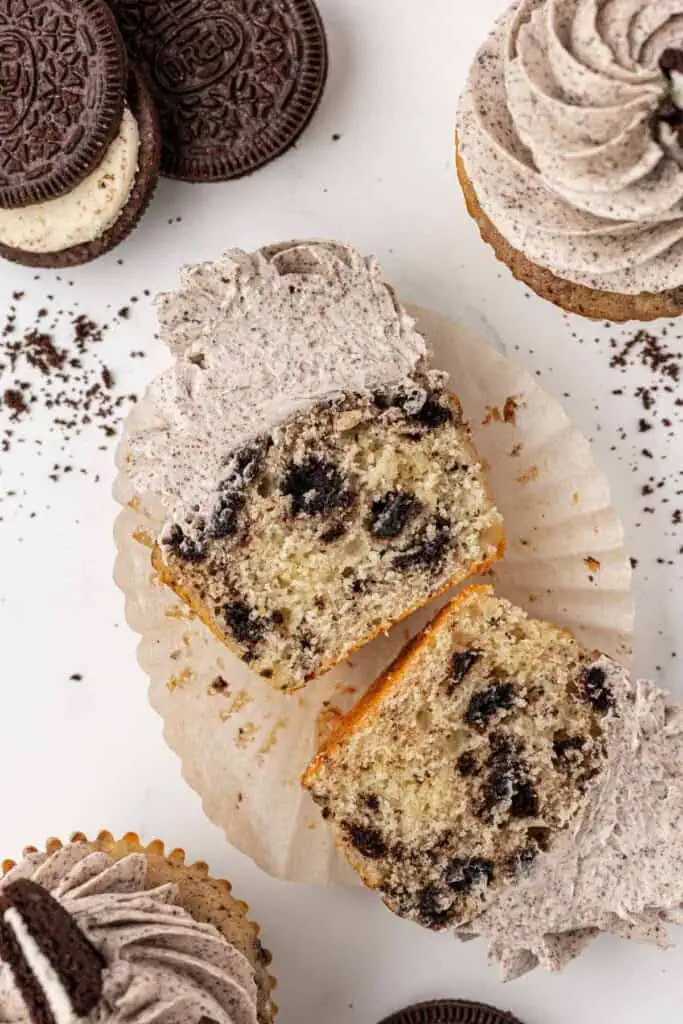 oreo cupcake cut in half laying on its side