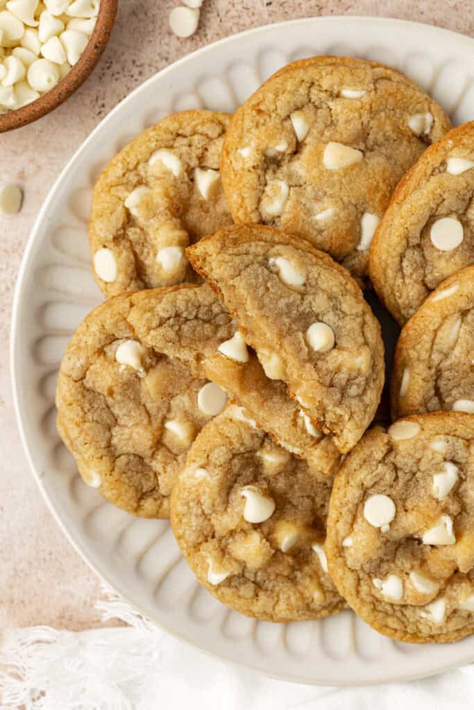 plate of white chocolate chip cookies