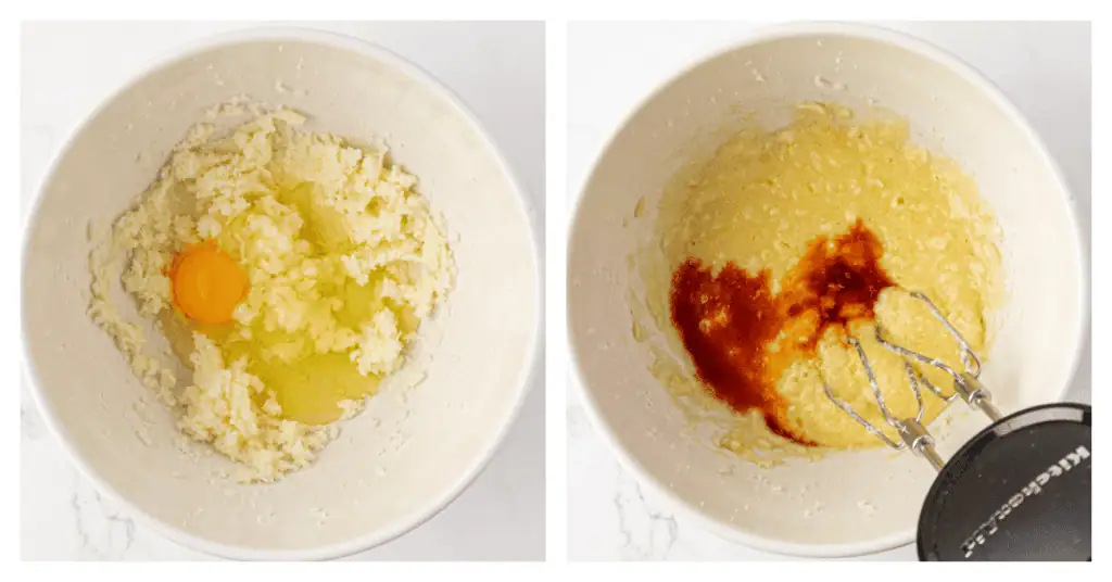 egg, egg white, and vanilla added to the bowl